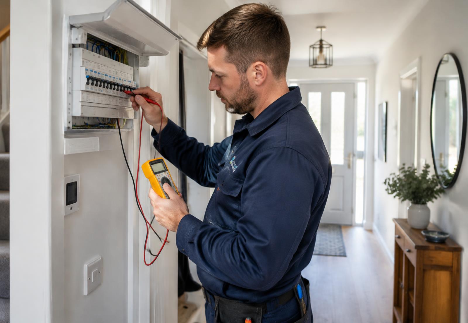 Electrician testing a consumer unit in a home hallway